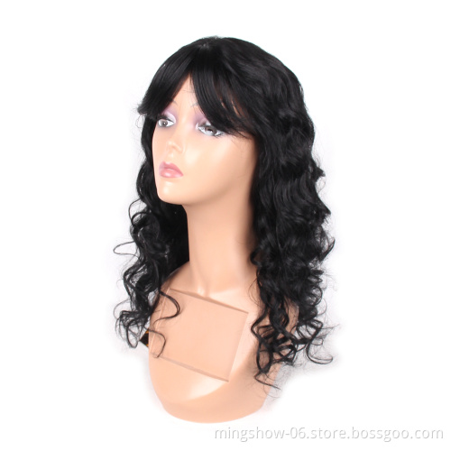 Brazilian Remy Body Wave Human Hair Wigs With Bangs Natural Black Color for Black Women